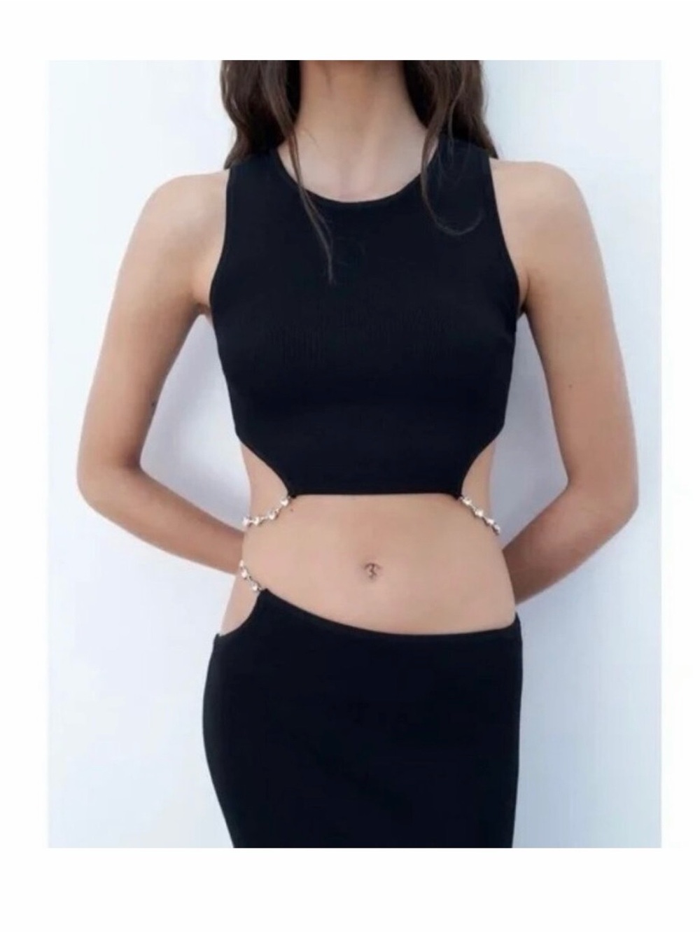 Zara Women’s Black Rhinestone Cut Out Knit Top Size Small NWT